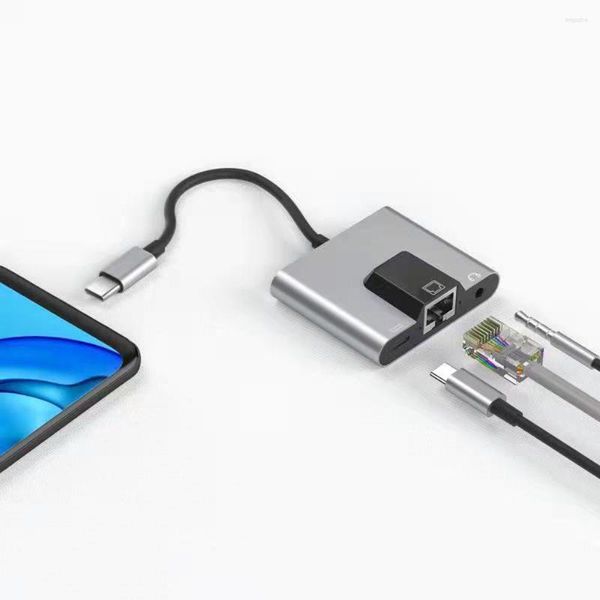 Tablet High Speed ​​Hub Laptop LAN Adaptador de rede USB C a 3,5 mm Tipo de áudio Ethernet PD Carregamento rápido