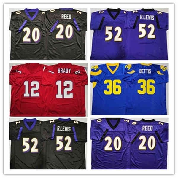 Wskt Retro College Football da uomo 12 Tom Brady 20 Ed Reed 52 Ray Lewis Jerome Bettis Stitched Black Purple Red Blue Jersey Cheap