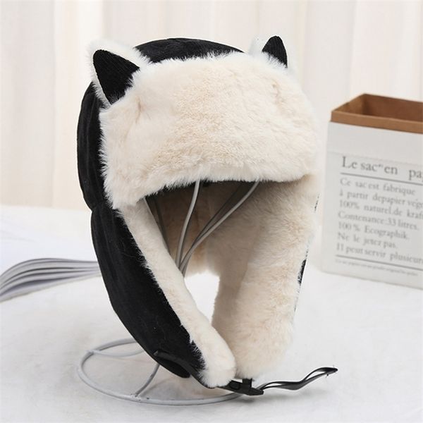 Bandieskull taps da donna auricolari caldi addensare cappello a orecchio per le orecchie inverno inverno di cotone a prova di freddo tappo di gatto russo 220922