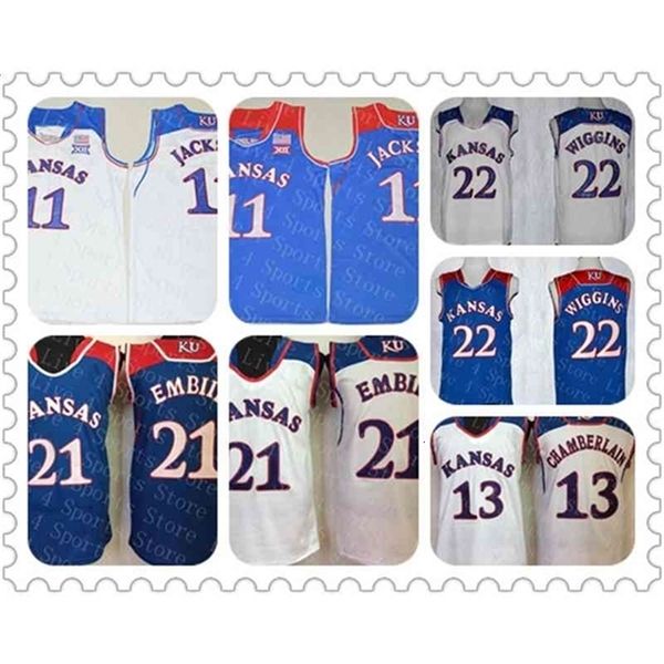 Wskt Kansas Jayhawks Joel Embiid Basketball Jersey Blau Weiß Josh Jackson 13 Wilt Chamberlain 22 Andrew Wiggin Ncaa KU College Jerseys Billig