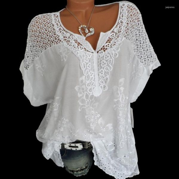 Blusas de mujer 2022 de verano de manga corta para mujer y Tops sueltos de encaje blanco camisa de retazos de gran tamaño 4xl 5xl ropa informal de mujer