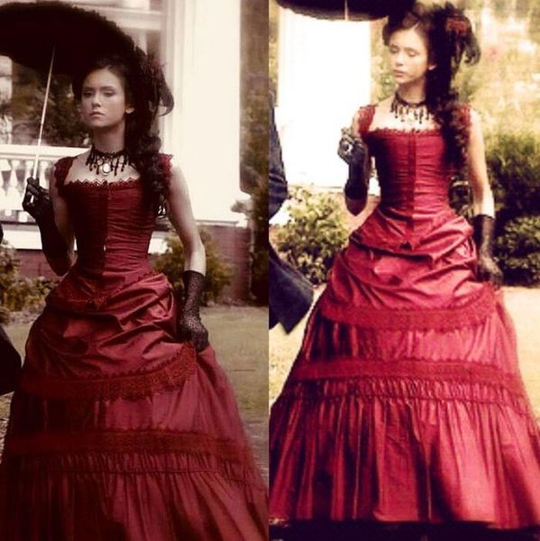Nina Debrev em Vampire Diaries Prom Vestidos de baile Borgonha Medieval Guerra Civil Civil Victoriano Vestido de Encesa de Corso Victoriano