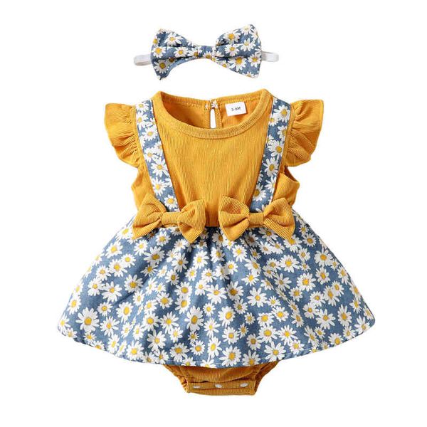 Strampler Baby Kleidung Kleinkind Baby Mädchen Strampler Kleid Daisy Print Bogen Sommer Casual Fly Sleeve Neugeborenen Overall Outfit J220922