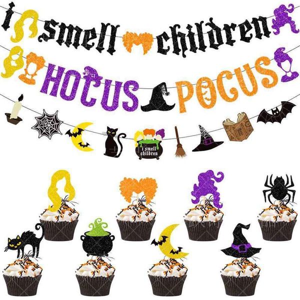 Outras festas de festas suprimentos decorações de Halloween Pull Flag hocus pocus witch também bandeira maluca assombrada decoração de lareira 220922