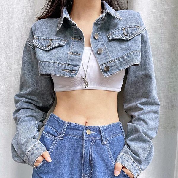 Giacche da donna Y2K Solid Cropped Denim Jacket Donna Autunno Vintage Sexy Kpop Streetwear Jeans Down Coat Donna Inverno 2022 E Girl Top Iamty