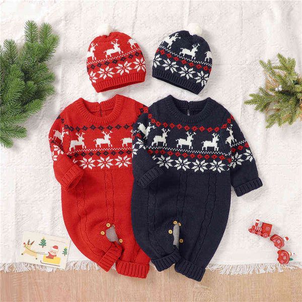 Strampler Baby Mädchen Jungen Weihnachten Gestrickter Strampler Mit Hut Schneeflocke Elche Drucken Lange Ärmel Rundhals Overall Winter Outfit J220922