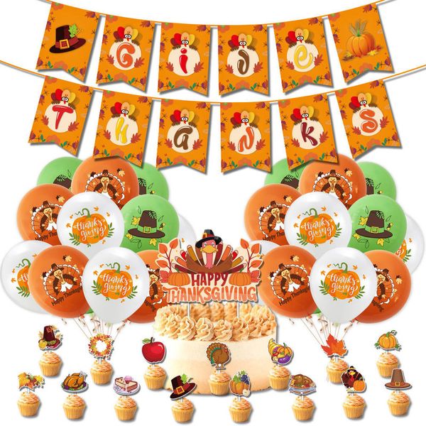 Weitere festliche Partyartikel, Thanksgiving-Themendekorationen, Banner „Fröhliches Dankeschön“, Kürbis-Latexballons, Truthahn-Kuchenaufsatz, Gefälligkeiten 220922