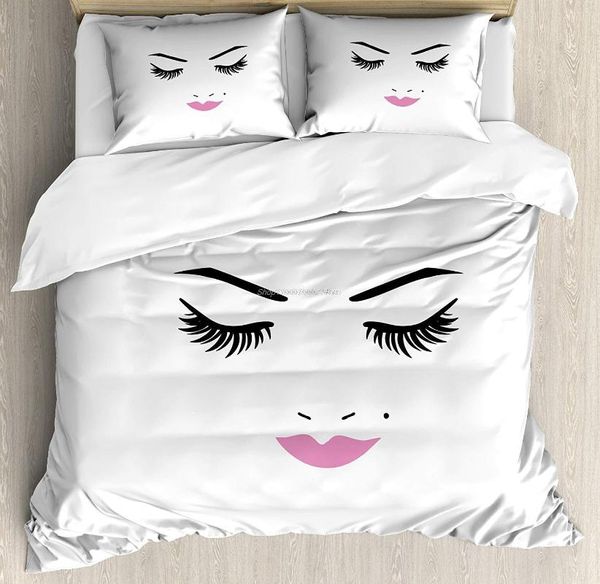 Conjuntos de cama Conjunto de capa de edredão de cílios Eyelash Eyes fechados Batom rosa Glamour Makeup Cosmetics Beauty feminino design decorativo 3 peças