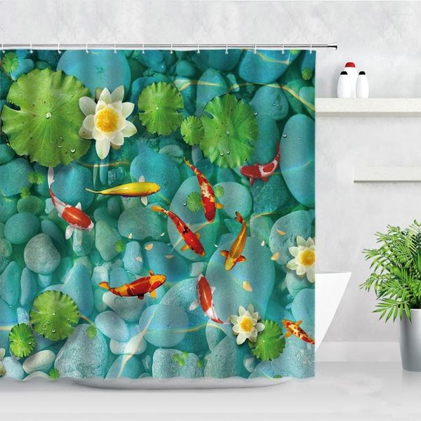 Tende da doccia Tenda per carpa 3D Foglia verde Loto Lago Acqua Koi Modello in pietra Scenario naturale Decorazione per la casa Bagno impermeabile