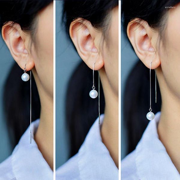 Brincos de bretas de orelha longa imitação de pérolas para mulheres Silver Color Drop pendurada jóias de moda elegante e033
