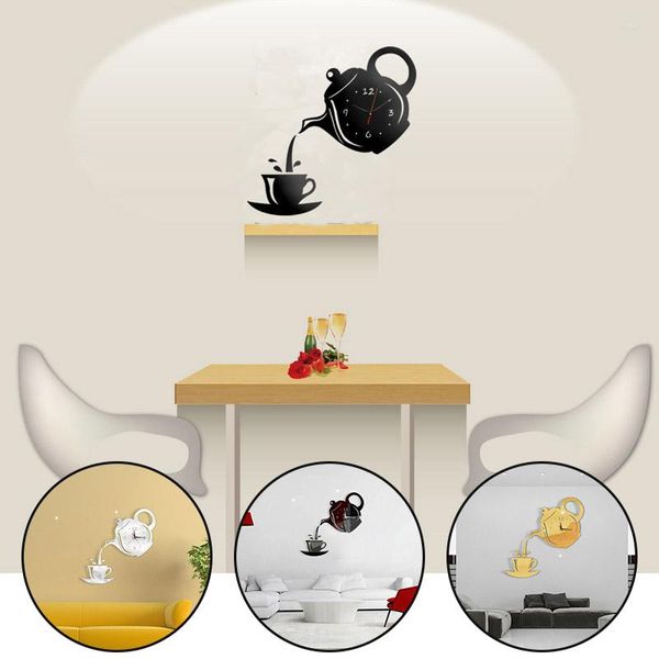 Relógios de parede 1pc Creative DIY 3D Clock acrílico Copo de café Teapot Decoração decorativa da sala de estar para jantar