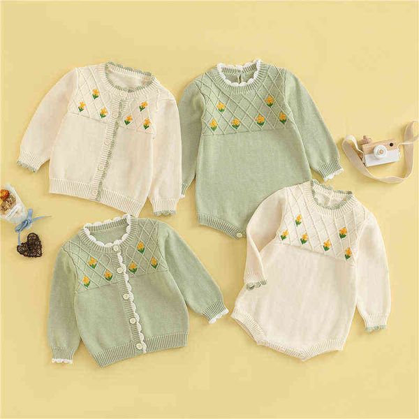 Rompers 024M Neugeborenen Baby Mädchen Gestrickte Pullover Strampler Langarm Taste Warme Herbst Winter Kleinkind Kleidung Overalls top J220922