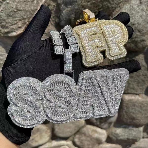 Hommes Femmes Mode Personnalisé Glacé Lettre Pendentif Nom Collier Baguettes Chaîne Micro Pavé CZ Personnalisé Hiphop Bijoux avec 3mm 24 pouces Corde Chaîne