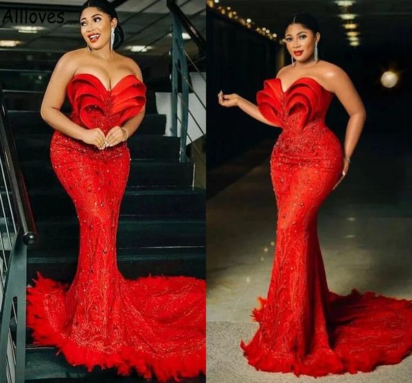 Sweetheart Pellicce rosse Abiti da ballo a sirena Arabo Aso Ebi Pizzo Appliqued Paillettes increspato Abiti da sera per occasioni formali Plus Size Abito da festa per ricevimento sexy CL1174