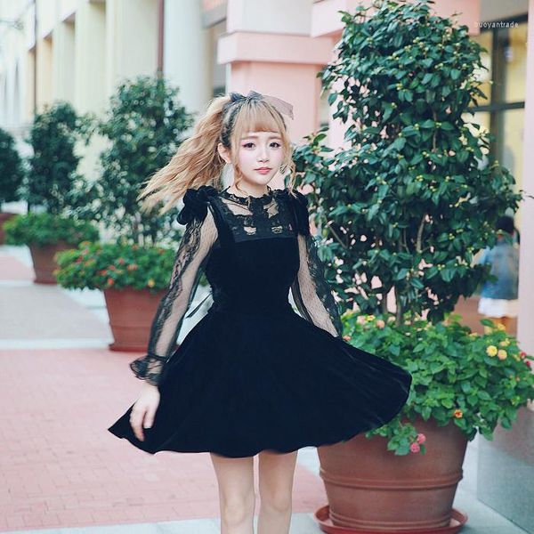 Abiti casual Princess Sweet Lolita Abito in velluto BOBON21 Fasciatura dietro il retro Abbigliamento formale Sexy Black A-line Girl D1423