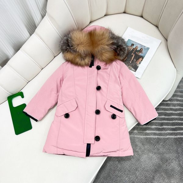 Cappotti per bambini Abbigliamento per bambini Piumino Giacca Designer Capretto vestire con distintivo Con cappuccio 2022 Fasion Spessa Capispalla calda Ragazza Ragazzo Ragazze Classico Parka 100% Collo di pelliccia di lupo 6 Stile