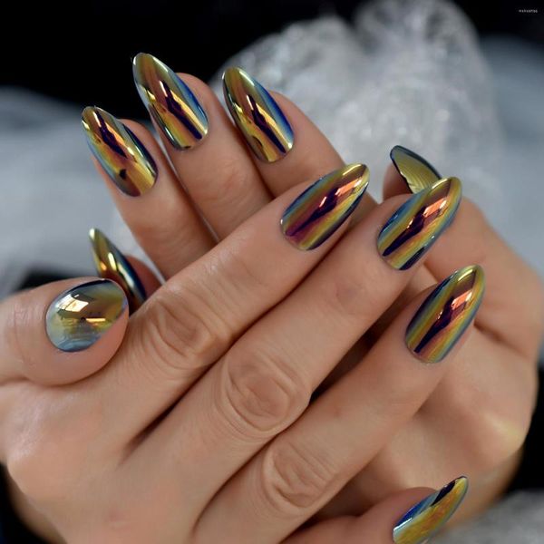 Falso unhas longas estilo punk metálico preto escuro ouro falso espelho refletivo amêndoa prensa sobre dicas de arte de salão para desgaste da festa