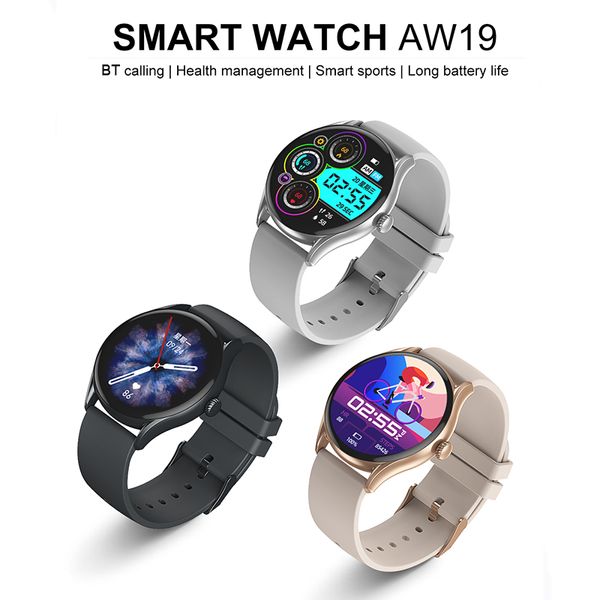 AW19 Smart Watch Tracker de fitness 1,28 polegada HD Tela de toque completo Sports Sports Smartwatch Bluetooth chamando longos relógios de pulso em espera AW19