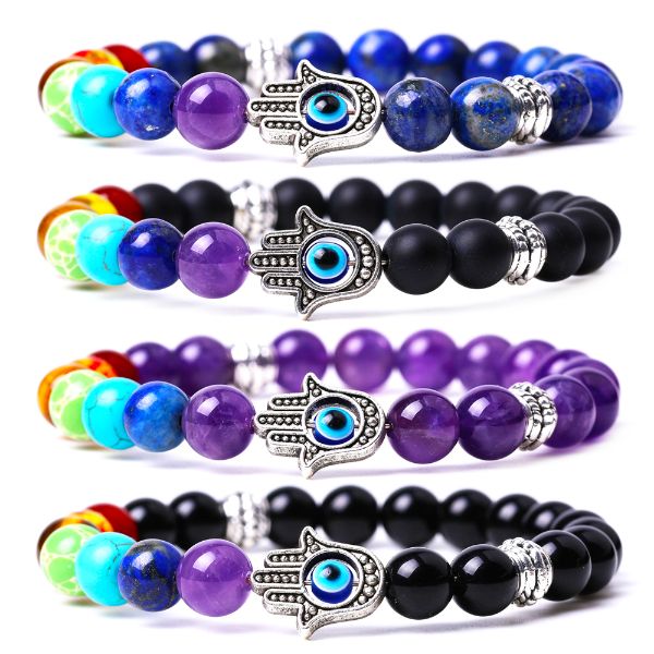 Olho azul Amethyst 7 Chakra Stone Bracelet Strand Yoga uu