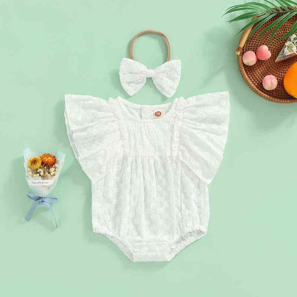 Rompers Baby Girls Summer Romper с рукавами мух с повязкой повязкой