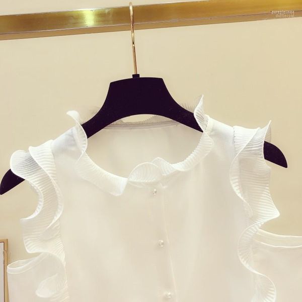 Женские блузки женские рубашки 2022 Летняя белая шифоновая рубашка Женская корейская стиль элегантные плиссированные оборки сшивают жемчужины без рукавов
