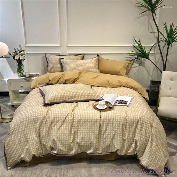 Set di biancheria da letto Set di qualità fresca Autunno Inverno 80 Doppio lato in puro cotone 4 pezzi Pied de poule Nordic Light Luxury Copripiumino in lino