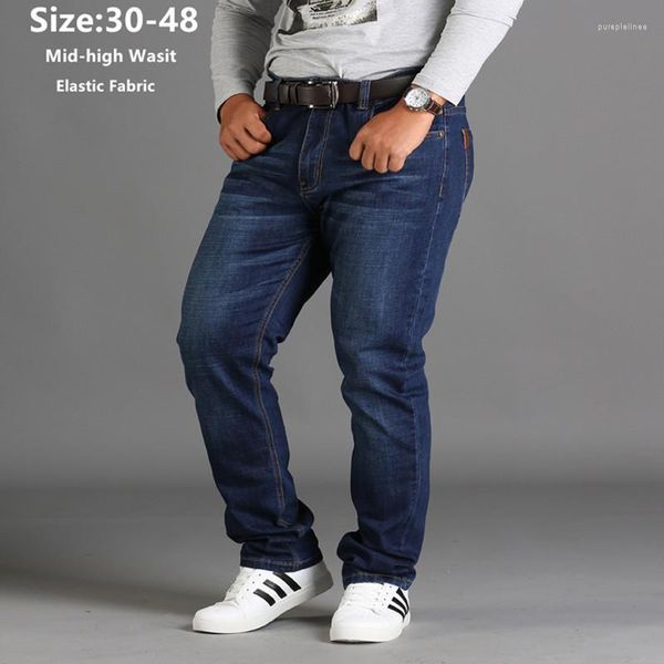 Erkek kot pantolon gevşek yüksek bel siyah kot erkek pantolon artı boyut 42 44 46 48 gerilmiş büyük elastik düz erkek büyük