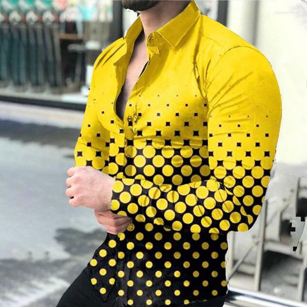 Camisa casual masculina camisa masculina camisetas de manga longa Tops gradiente cor amarelo polka pã impressão única para homens roupas s-4xl