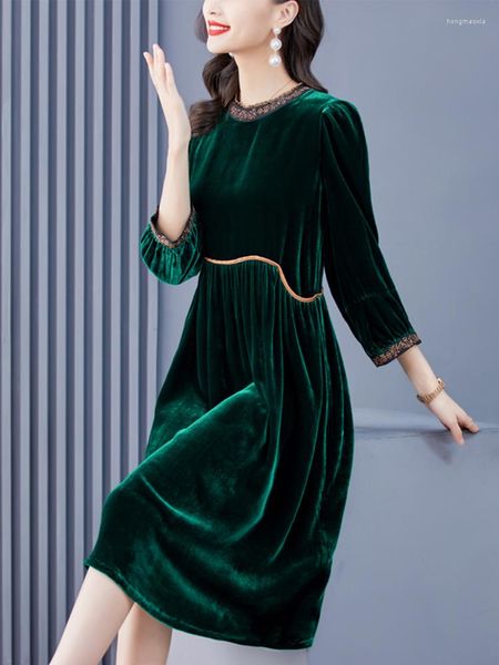 Casual Kleider Herbst Winter Samt Grün Midi Kleid Für Frauen Elegante Langarm Abend Prom 2022 Oansatz Party Koreanische Mode