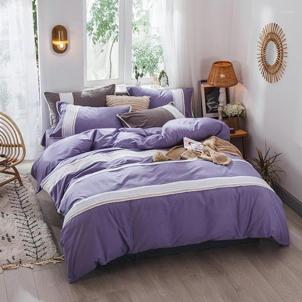 Bedding Sets de estilo europeu de algodão luxuoso conjunto de algodão colcha lençol de capa/travesseiros de linho na linha de renda azul branco
