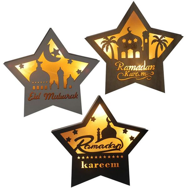 Islam Ramadan Decorazione da tavolo in legno Pentagramma LED Luce calda Eid Mubarak Ornamenti da tavolo musulmani per forniture per feste domestiche RRE14423