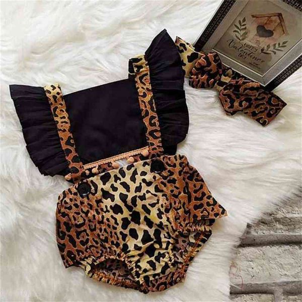 Strampler Neugeborenen Baby Mädchen Sommer Kleidung Leopard Gedruckt Rüschen Patchwork TieUp Strampler Overall Stirnband Casual Neugeborenen Outfits J220922
