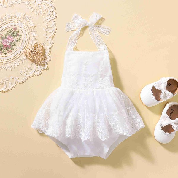 Rompers 2022 Bebek Yaz Giysileri Yeni doğan kız bebek beyaz dantel çiçek romper kolsuz yular fırfırlar tulumlar kıyafeti j220922