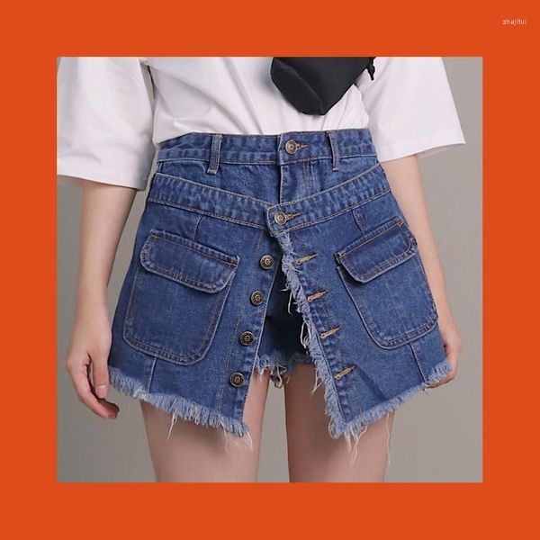 Damen-Shorts, 2-Wege-Kleidung, vorne, Knopftasche, Röcke, zerrissen, ausgefranste Quaste, Denim, 2022, Damen, kurze Jeans mit hoher Taille, Blau, Schwarz