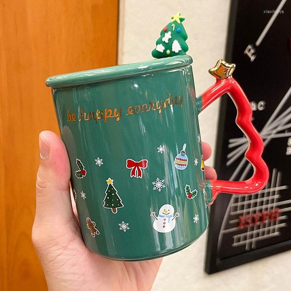 Tazze Tazza da caffè con albero di Natale 3D Creativo 375ML Tè Latte Colazione Tazza in ceramica con coperchio Cucchiaio Regalo per uomini Donne Bambini