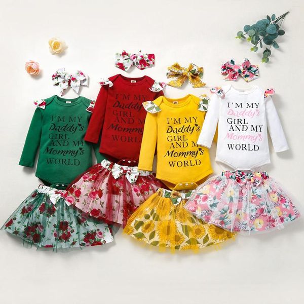 Roupas conjuntos de 2022 garotas roupas de três peças definem uma saia de colarinho de colarinho comprido e cocar de nó de arco amarelo/ verde/ vermelho/ branco