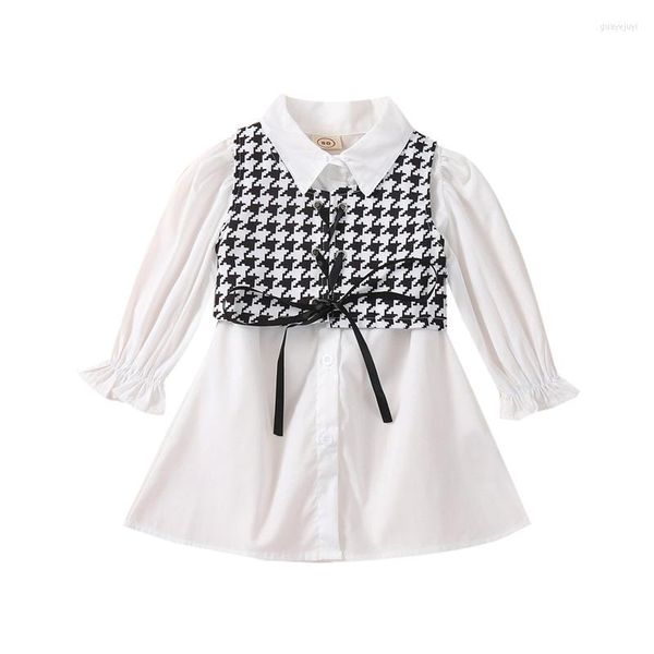 Kleidungssets Kleinkind Baby Mädchen Kleidung Set Einfarbig Lange Puffärmel Revers Hals Midi Kleid Plaid Print Weste Mit Verband 0-6 Jahre