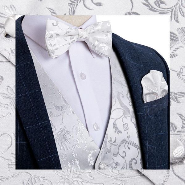 Herrenwesten Herren V-Ausschnitt Herren Weiß Paisley Anzug Weste Seidenweste Formelle Fliege Manschettenknöpfe Einstecktuch Set Hochzeit J-0116