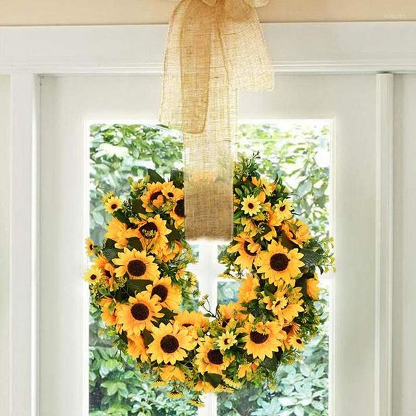 Dekoratif çiçekler yapay ayçiçeği yaz çelenk 16 inç sahte çiçek ön kapı için sarı ve yeşil yapraklar