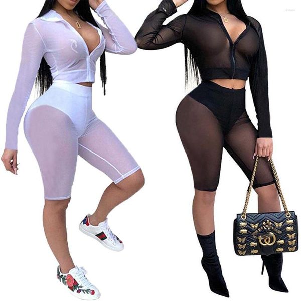 Tute da donna 2022 Sexy Women Hollow Mesh See Through Zippers Canotta Pantaloni skinny Abiti Set Club Wear Set estivi Plus Size XXL