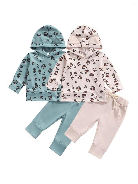 Наборы одежды 2022 малышки для маленьких девочек набор одежды для леопардового припечатка с длинным рукавом топы с капюшоном с твердыми цветными брюками с карманами