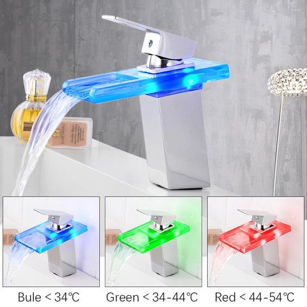 Rubinetti per lavandino del bagno Rubinetto a cascata in vetro per lavabo a luce LED Rubinetti per lavabo da piano Cambia colore Temperatura e rubinetto freddo