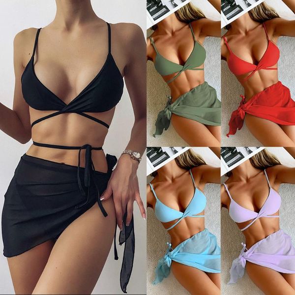 Feminino de banho de banho feminina 3pcs/set biquíni conjuntos mulheres sexy três peças de banho 2022 menina praia trajes de banho esticar o conjunto