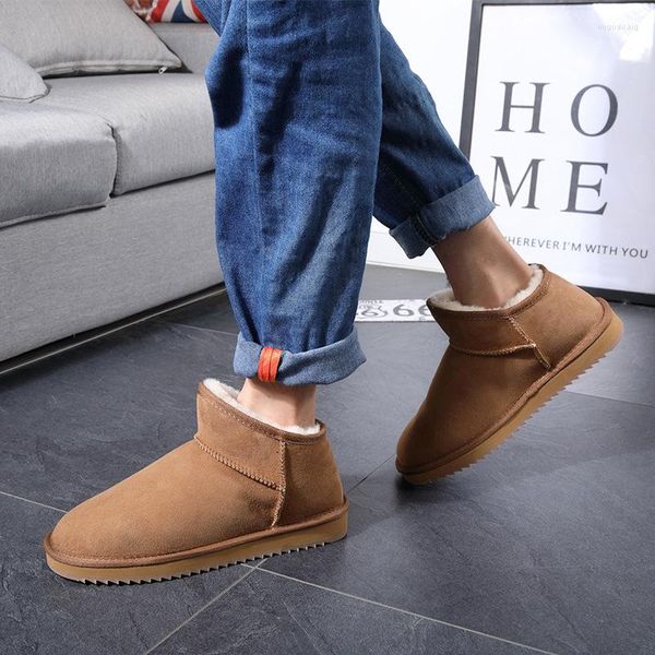 Botas moda masculino sapatos de neve em lã quente de lã de inverno de pele natural tornozelo de pele de carneiro real curta