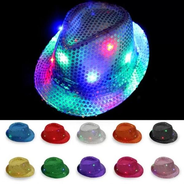 LED-Jazz-Hüte mit blinkendem Licht, LED-Fedora-Trilby-Pailletten-Kappen, Kostüm-Tanz-Party-Hüte, Unisex, Hip-Hop-Lampe, leuchtender Hut RRB15726