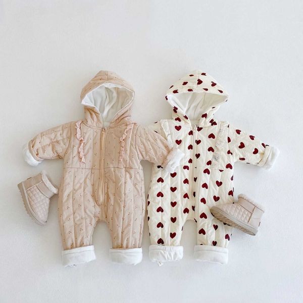 Strampler Winter Neugeborenen Baby Druck Fleece Strampler Nette Süße Jungen Mädchen Mit Kapuze Kleinkinder Overalls Warme Lange Ärmel Kinder Outfits J220922