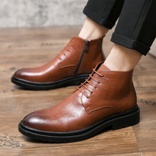 Reißverschluss-Gittermuster, Designer-Männerschuhe, Martin-Stiefel, einfarbig, klassisches Leder, Business-Casual, All-Match-High-Top-Schnürschuhe, große Größe 38–45