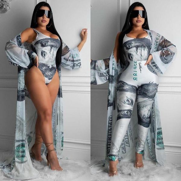 Tute da donna 3 pezzi / set Dollari Stampati Abito da donna Manica lunga Cover Up Bikini aderente sexy Pantaloni skinny Estate 2022