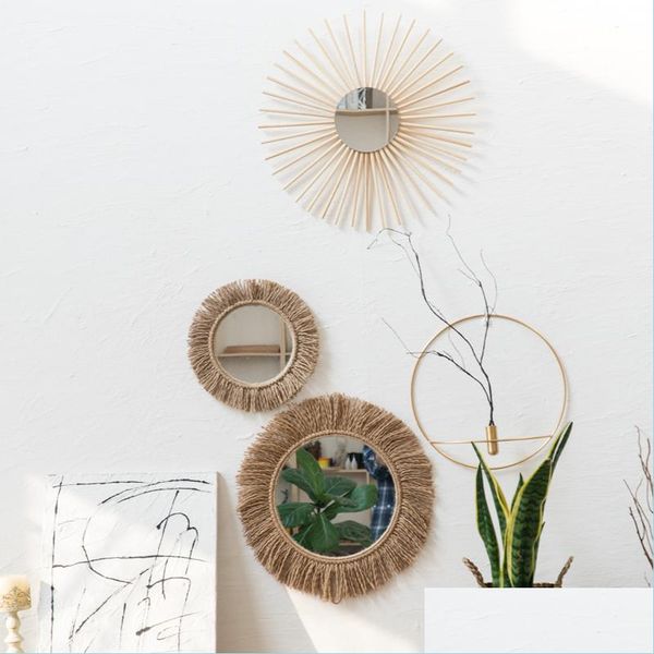 Wandteppiche Wandteppiche Nordic Retro Woven Twine Mirror Art Handgemacht Runde Homestay Wohnzimmer Dekoration Coffee Shop Boho Rame Drop D Dhu6I