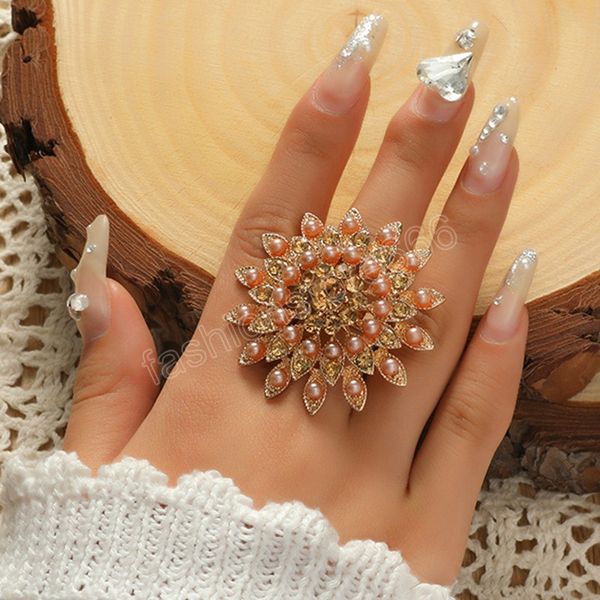 Темперамент преувеличенного кристаллического жемчужного цветочного кольца для женщин свадебной личности Большой золотой подсолнух открытый кольцо подарок